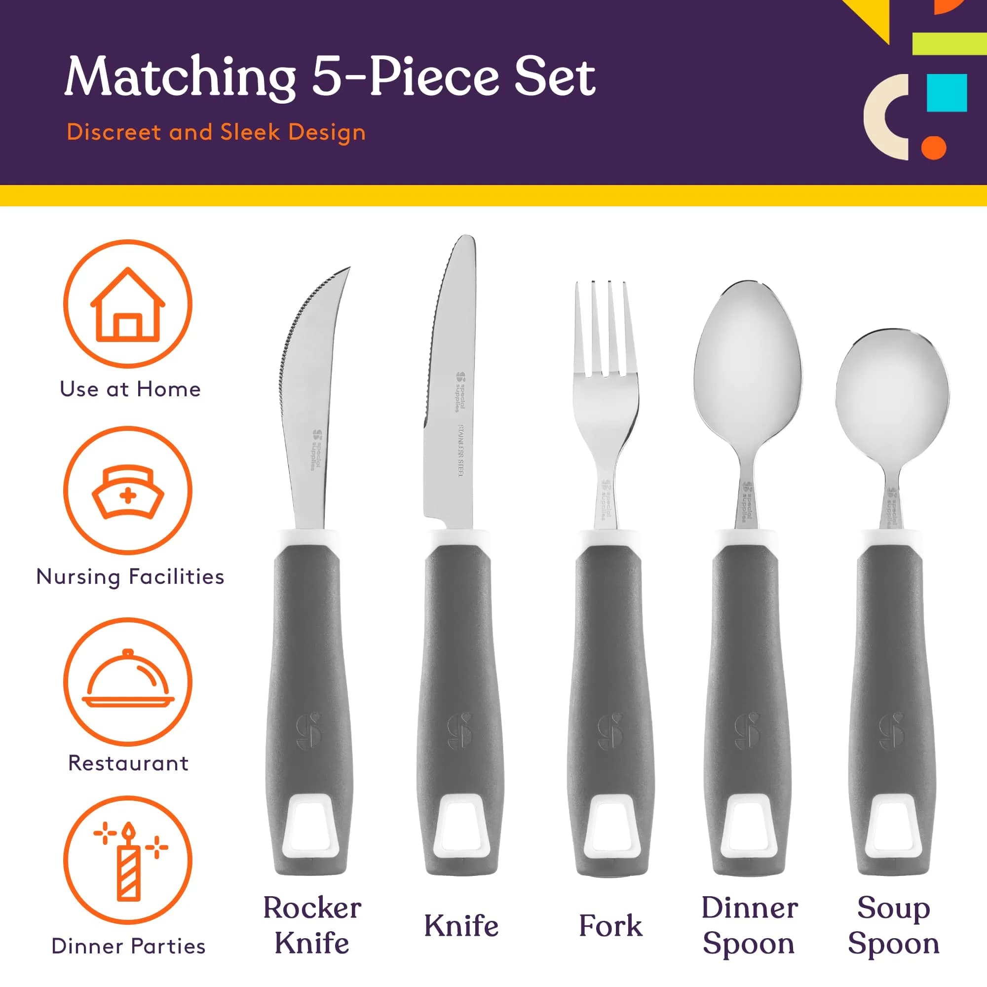 Special Supplies Adaptive Utensils 5-Piece Set Grey | Non-Weighted, Non-Slip Handles for Hand Tremors, Arthritis, Parkinson’s or Elderly Use - view 3