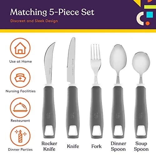 Special Supplies Adaptive Utensils 5-Piece Set Grey | Non-Weighted, Non-Slip Handles for Hand Tremors, Arthritis, Parkinson’s or Elderly Use thumbnail 3