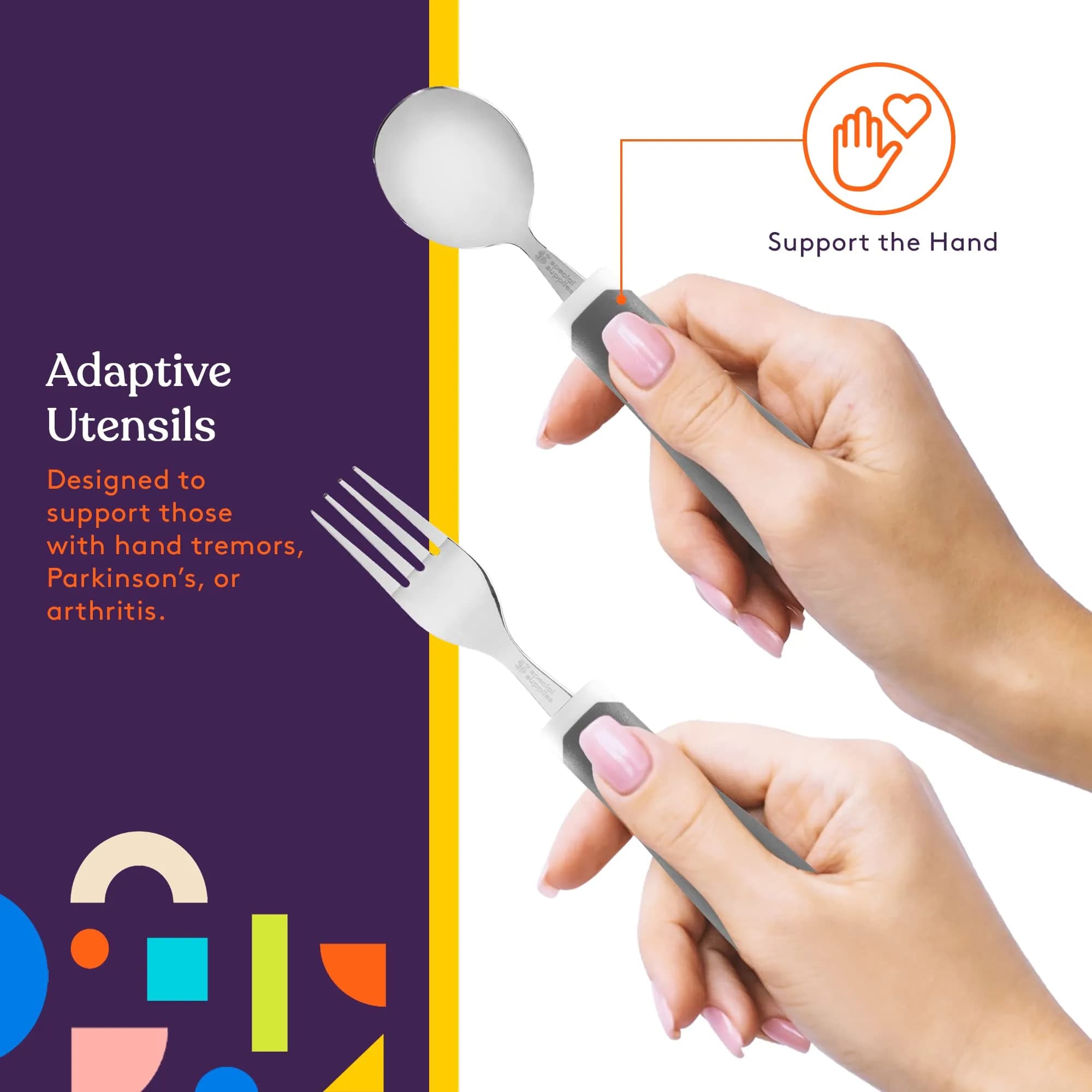 Special Supplies Adaptive Utensils 5-Piece Set Grey | Non-Weighted, Non-Slip Handles for Hand Tremors, Arthritis, Parkinson’s or Elderly Use - view 4
