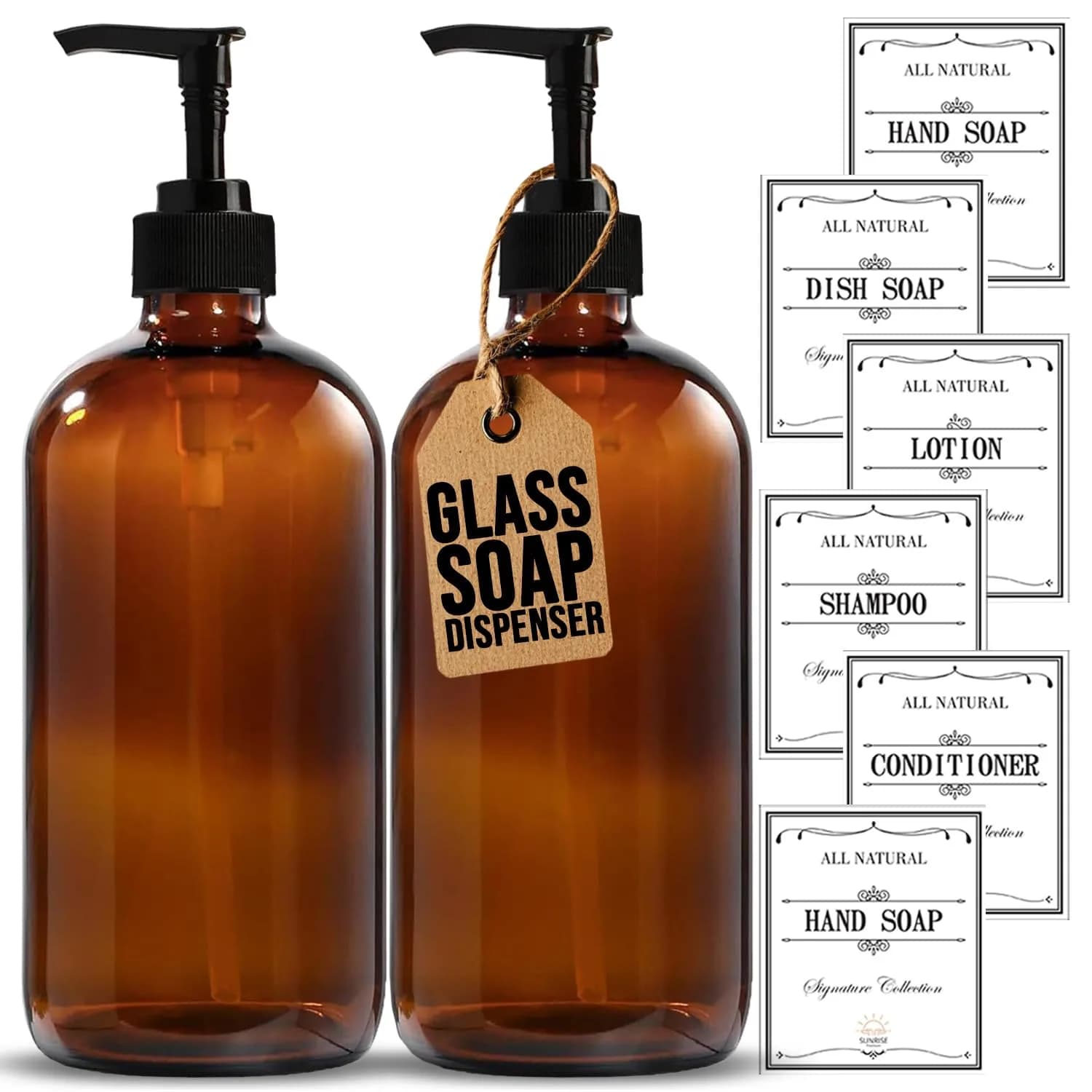 Sunrise Premium Amber Glass Soap Dispenser with Pump, 2 Pack | Elegant Lead-Free Glass for Kitchen & Bathroom