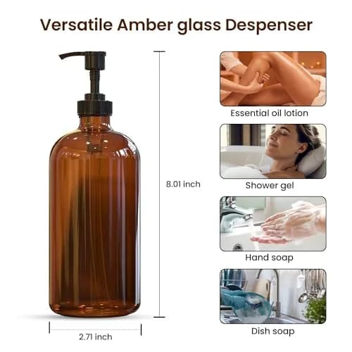 Sunrise Premium Amber Glass Soap Dispenser with Pump, 2 Pack | Elegant Lead-Free Glass for Kitchen & Bathroom thumbnail 3