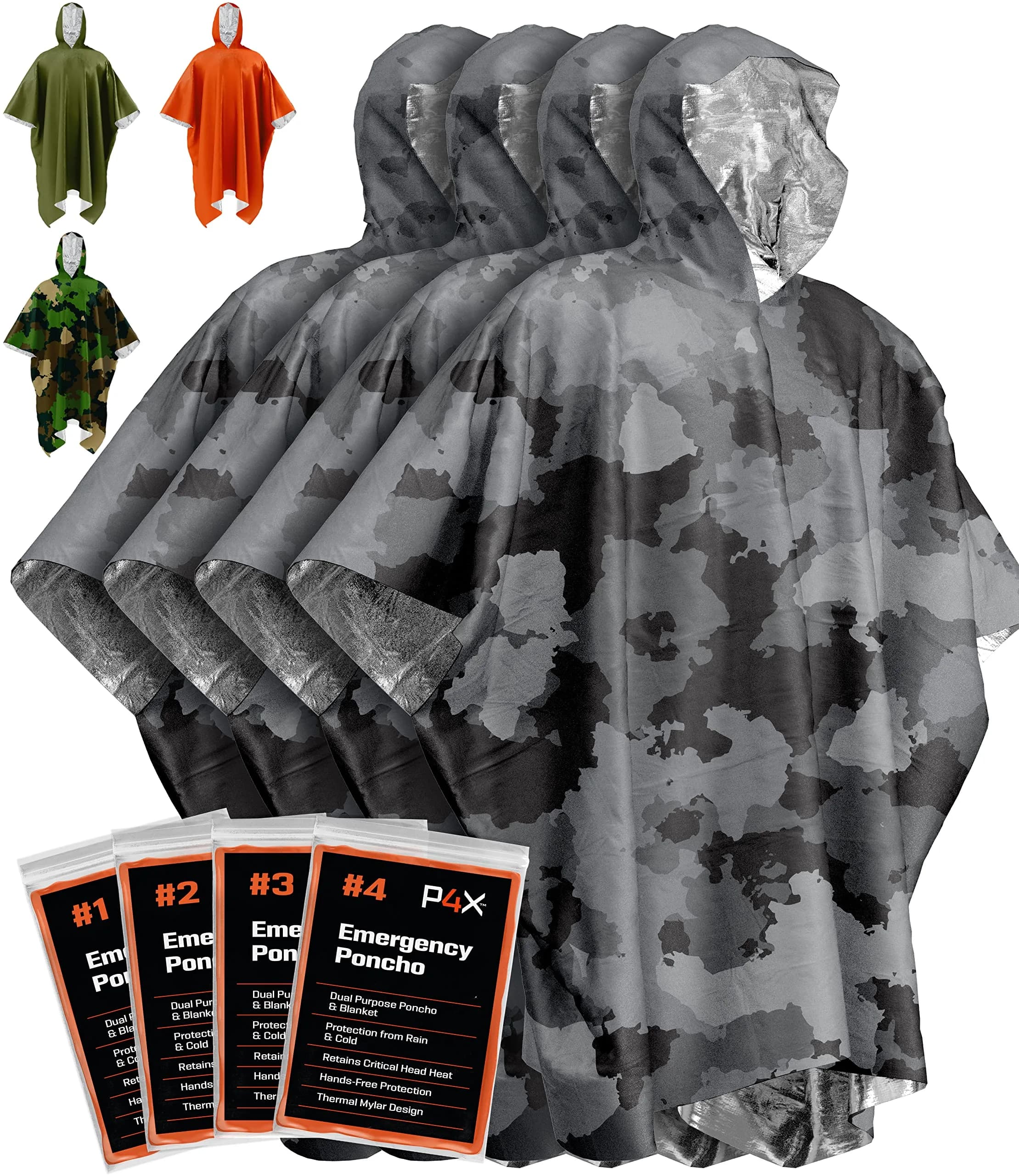 PREPARED4X Emergency Poncho with Mylar Blanket Liner 4-Pack (Camo) | Waterproof & Wind-Resistant for Survival Kits - main product image