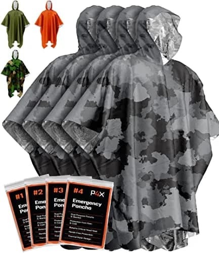 PREPARED4X Emergency Poncho with Mylar Blanket Liner 4-Pack (Camo) | Waterproof & Wind-Resistant for Survival Kits thumbnail 1