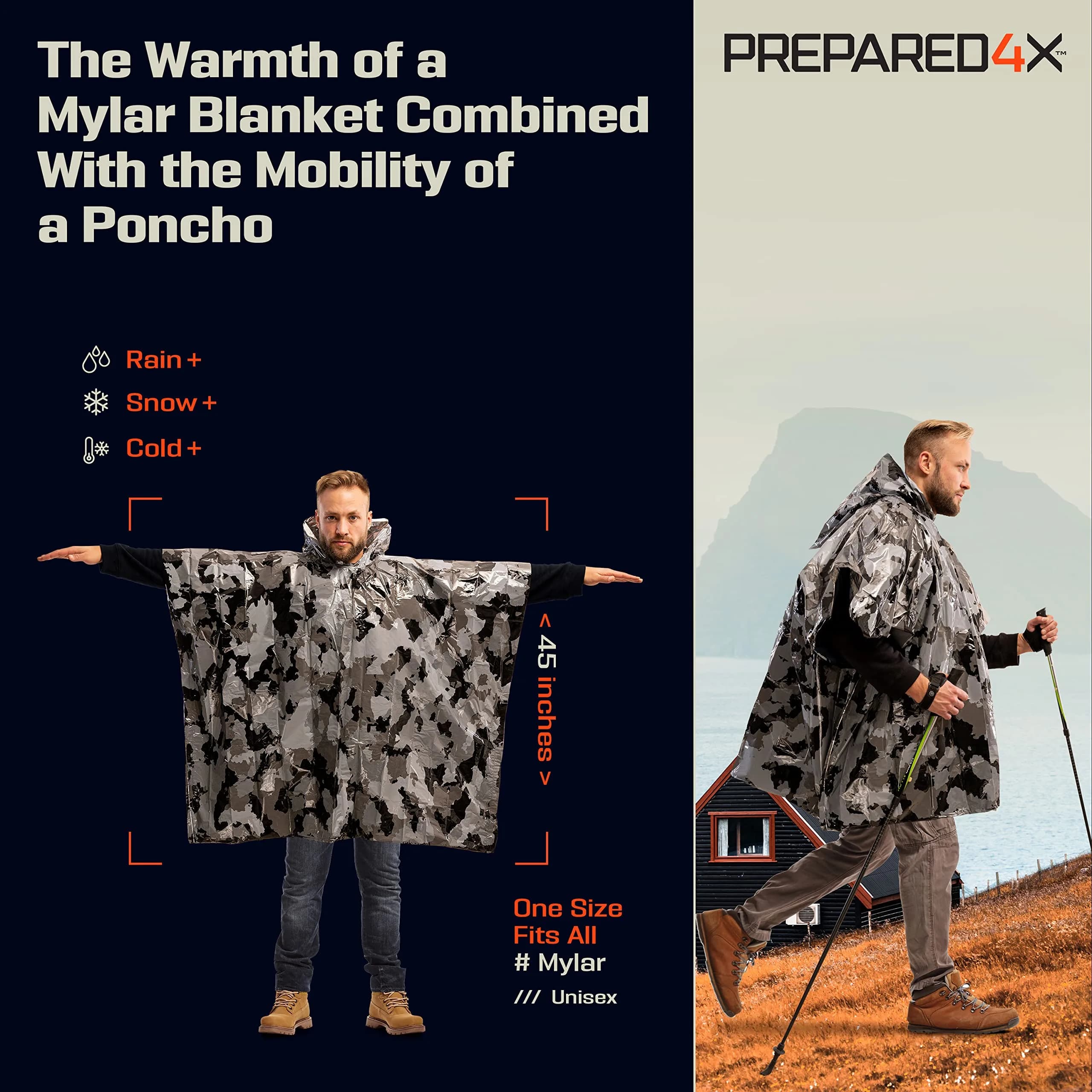 PREPARED4X Emergency Poncho with Mylar Blanket Liner 4-Pack (Camo) | Waterproof & Wind-Resistant for Survival Kits - view 2