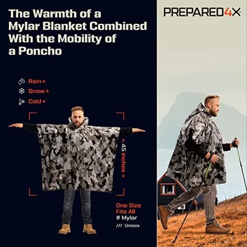 PREPARED4X Emergency Poncho with Mylar Blanket Liner 4-Pack (Camo) | Waterproof & Wind-Resistant for Survival Kits thumbnail 2