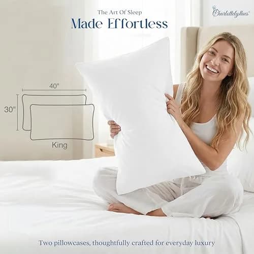 CharlottelyHues Pillowcases Set of 2 100% Egyptian Cotton King White | Luxurious, Durable & Cooling Bed Cover thumbnail 3