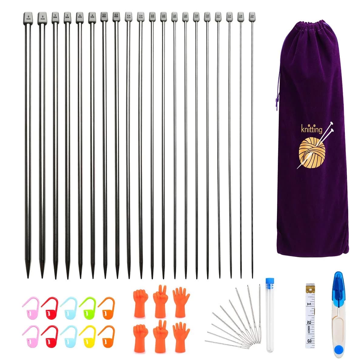 KOKNIT Knitting Needle Set 11 Pairs Stainless Steel 10'' | Full Size, Lightweight & Durable — Silver