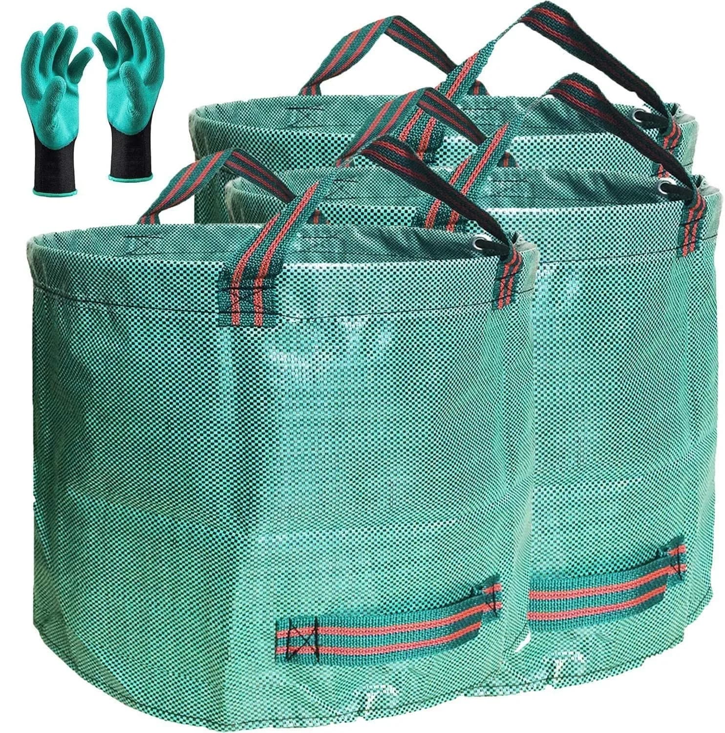 Tespher Lawn Garden Waste Bags 137 Gallon | Heavy Duty Reusable Yard Debris Containers (D34,H34 in) with Gardening Gloves — Green