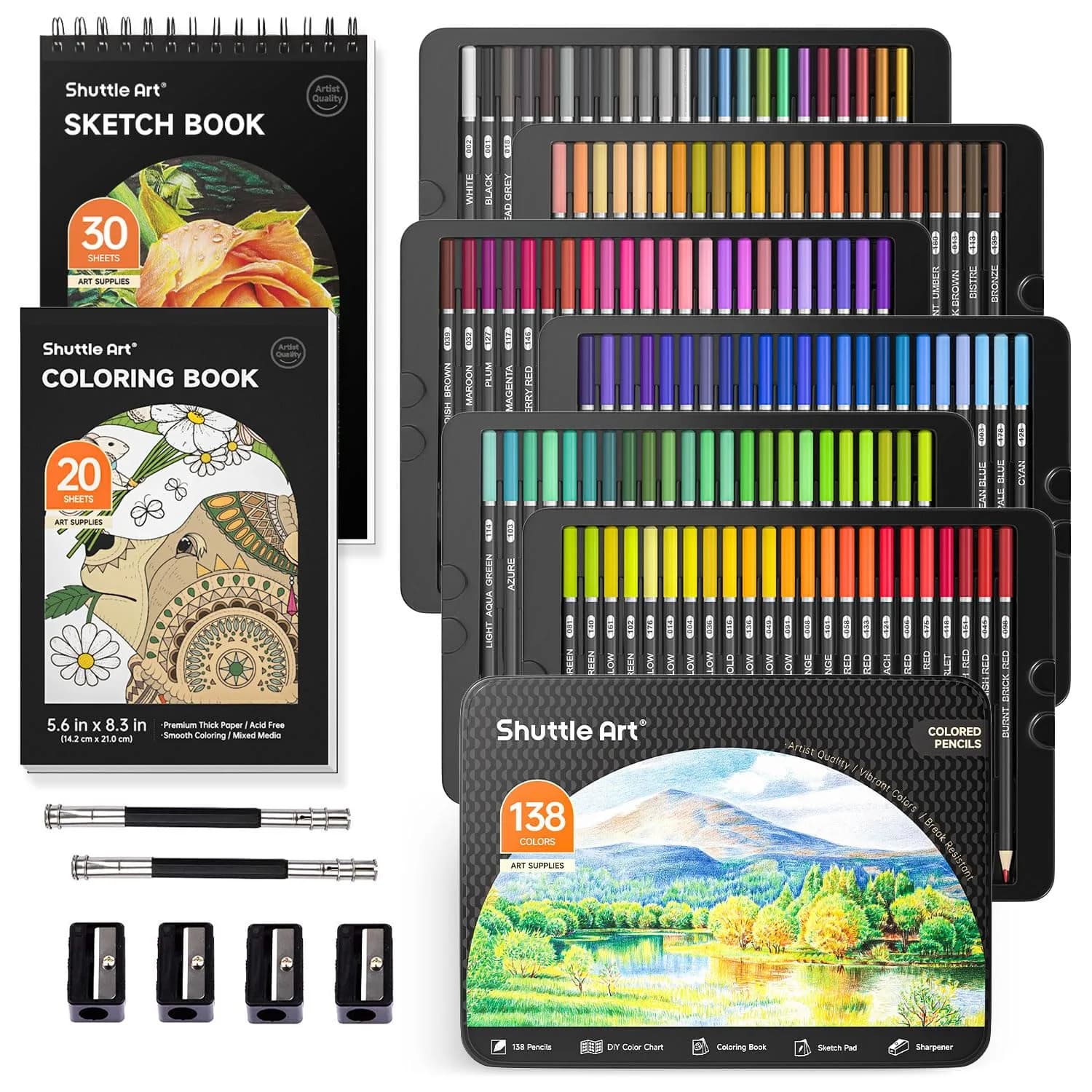 Shuttle Art 138 Colored Pencils Set with Sketch Pad & Book | Vibrant, Break-Resistant, Perfect for Artists & Kids — 138 Colors