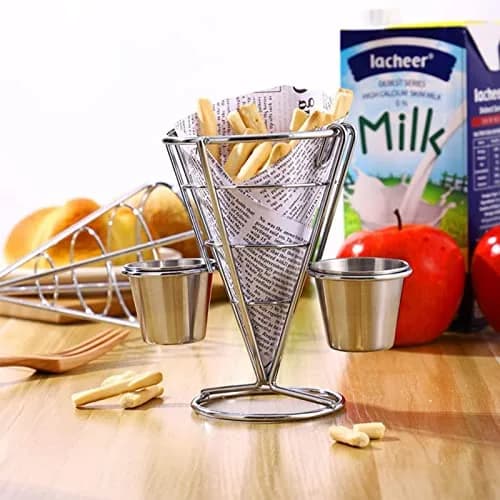 Zerodis Double Cup French Fry Stand with Sauce Holder | Metal Wire Basket for Kitchen Home Parties Backyard Picnics thumbnail 11