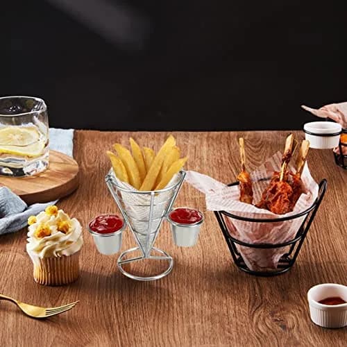 Zerodis Double Cup French Fry Stand with Sauce Holder | Metal Wire Basket for Kitchen Home Parties Backyard Picnics thumbnail 15
