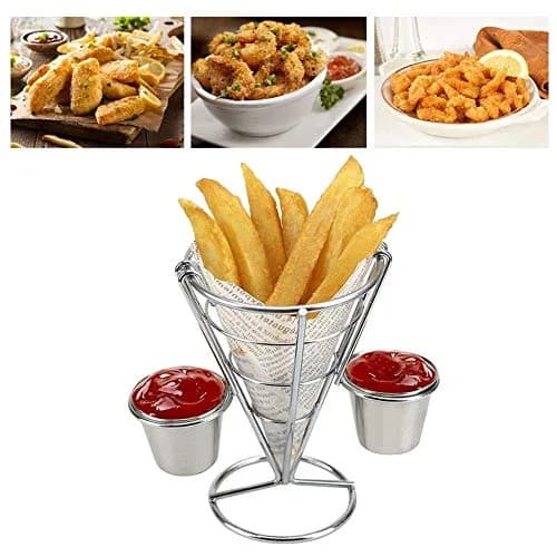 Zerodis Double Cup French Fry Stand with Sauce Holder | Metal Wire Basket for Kitchen Home Parties Backyard Picnics thumbnail 17