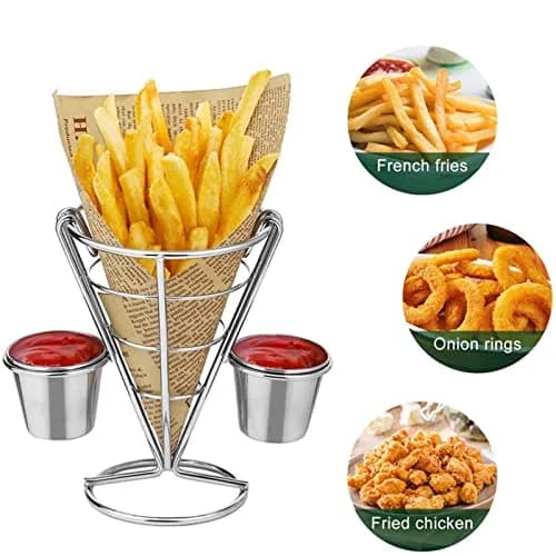 Zerodis Double Cup French Fry Stand with Sauce Holder | Metal Wire Basket for Kitchen Home Parties Backyard Picnics thumbnail 5