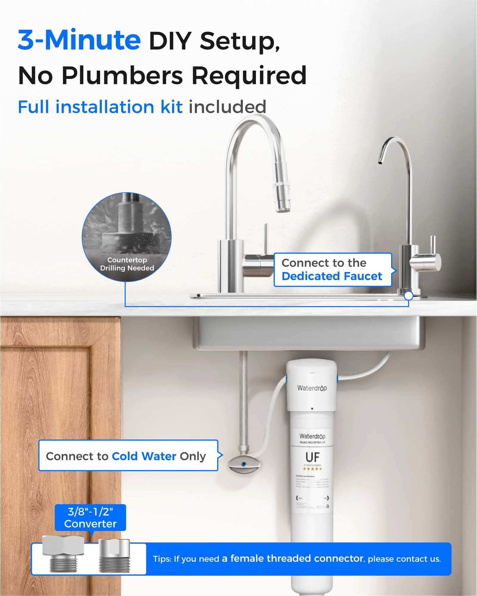 Waterdrop 15UBW-UF Ultra Filtration Under Sink Water Filter System 19000 Gallons | Reduces Lead, Chlorine, Bad Taste & Odor - view 7