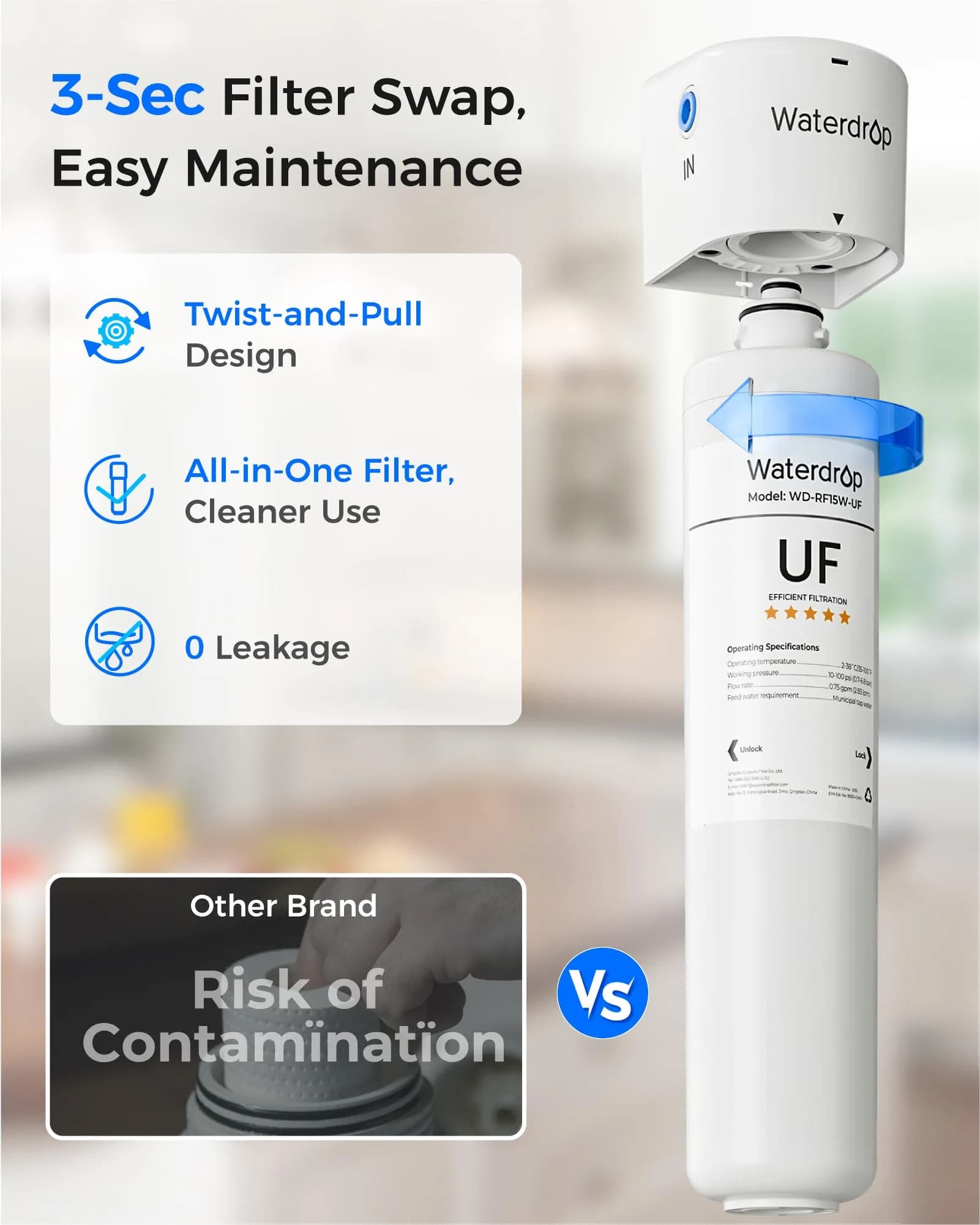 Waterdrop 15UBW-UF Ultra Filtration Under Sink Water Filter System 19000 Gallons | Reduces Lead, Chlorine, Bad Taste & Odor - view 8
