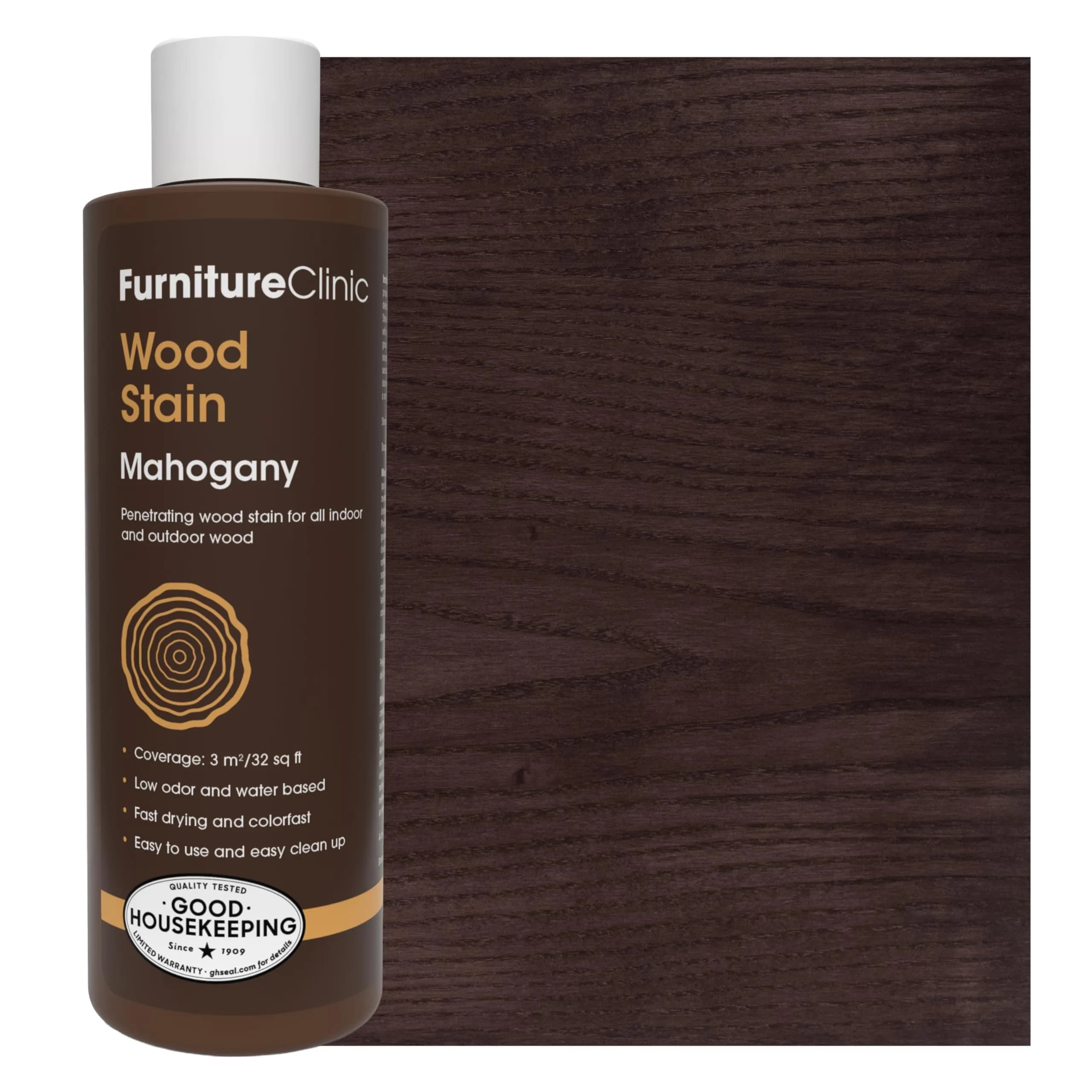Furniture Clinic Wood Stain, Water-Based & Fast Drying, Mahogany | Non-Toxic Indoor & Outdoor Finish (102 words) — Mahogany
