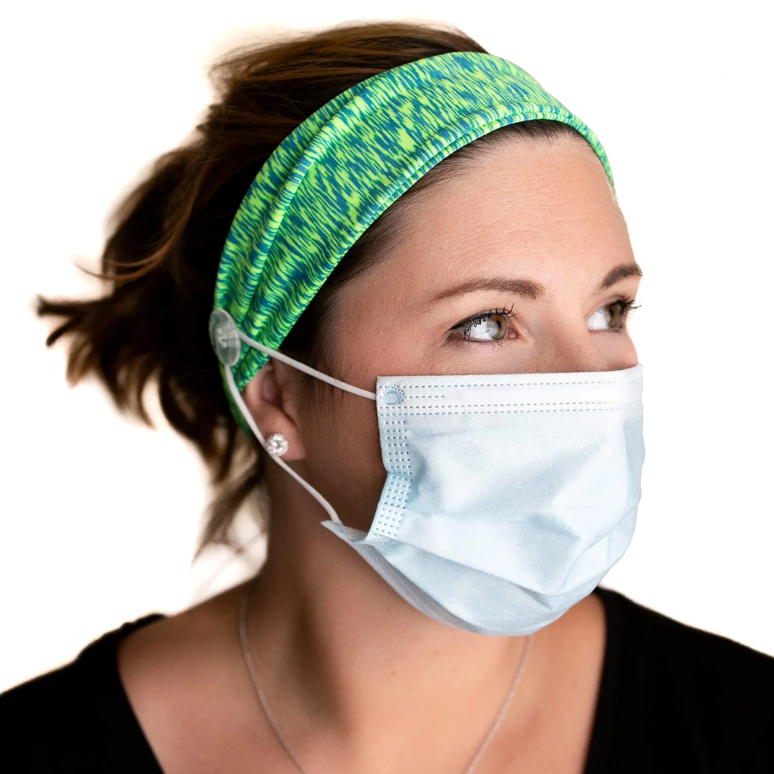 Three Little Tots Savior Band Headbands with Buttons for Mask Use, Green & Blue | Protects Ears from Mask Elastics - main product image