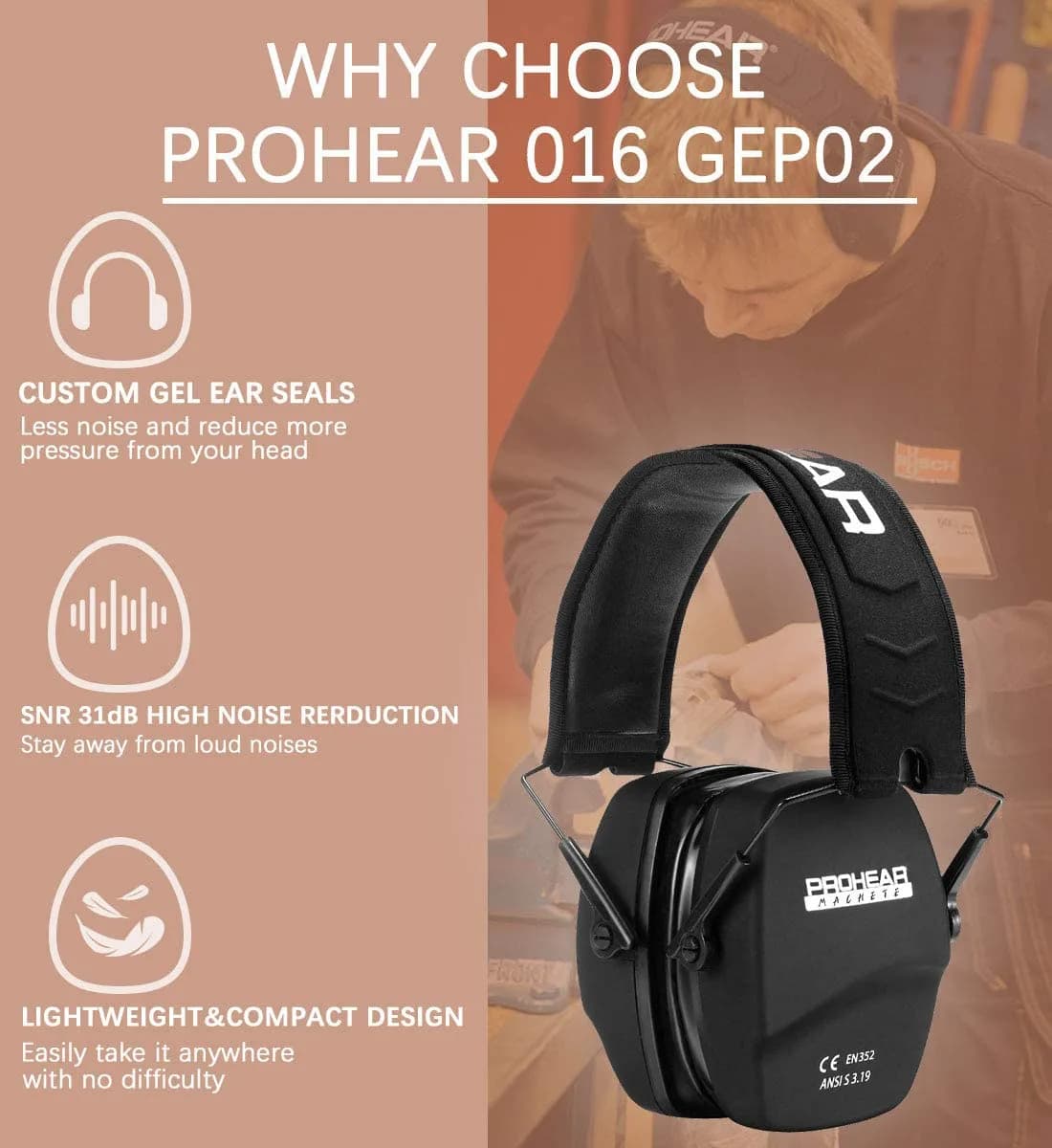 PROHEAR 016-GEP02 Shooting Earmuffs NRR 26dB Gel Cushions | 205g (0.46 lb) Passive Noise Reduction - view 7