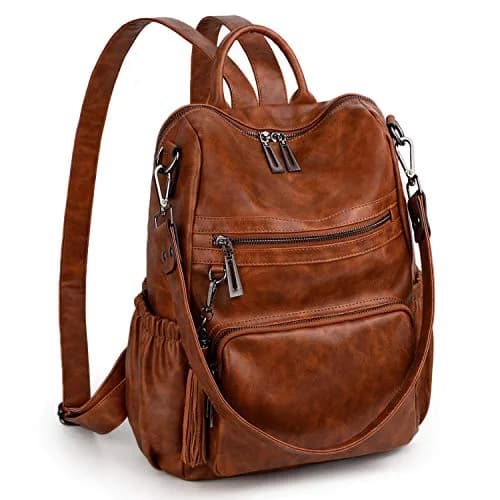 UTO Women Backpack Purse Oil Wax PU Leather Travel Shoulder Bag Brown B | Fits up to 14" Laptop thumbnail 1