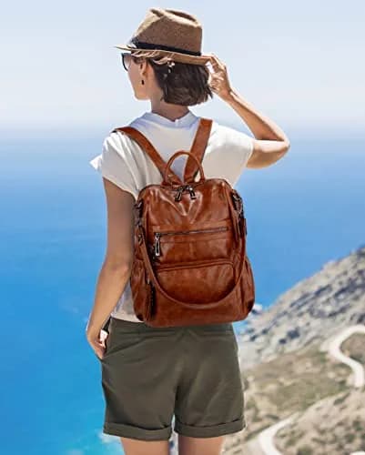 UTO Women Backpack Purse Oil Wax PU Leather Travel Shoulder Bag Brown B | Fits up to 14" Laptop thumbnail 2