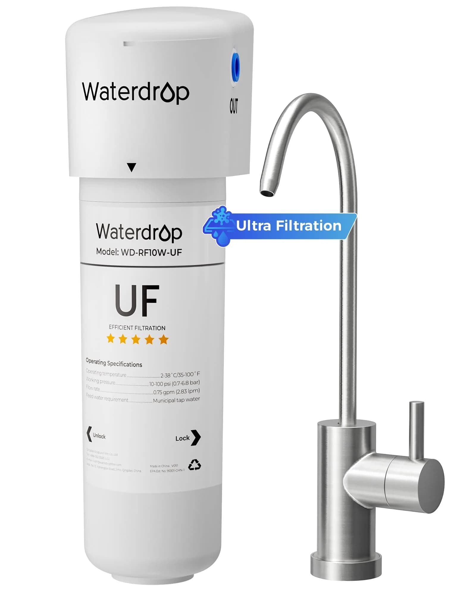 Waterdrop 10UB Under Sink Water Filter System with Dedicated Faucet, 11000 Gallons (30,000 Liters) | Reduces PFAS, Lead, Chlorine — 10UBW-UF