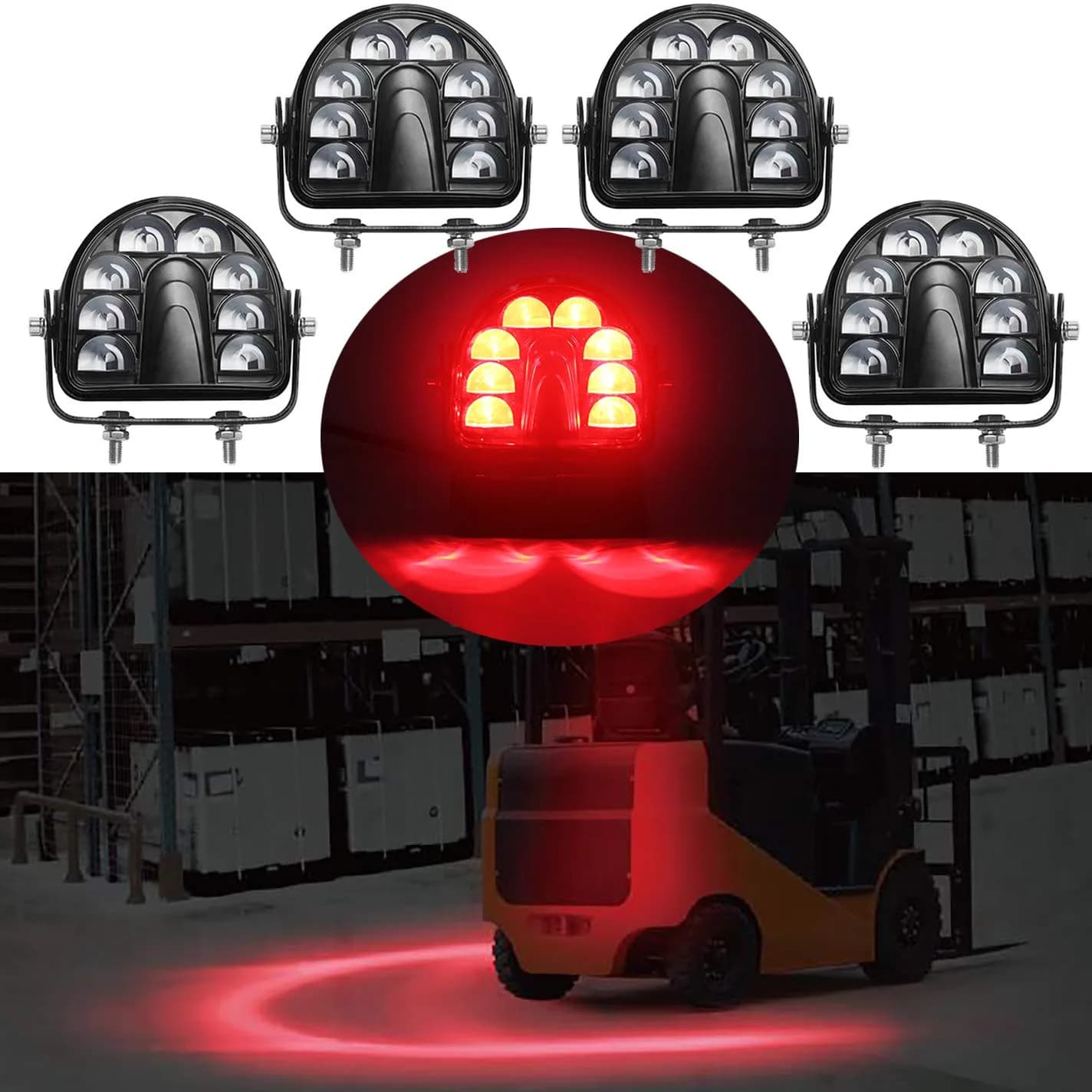 ONERAY 4-Pack Red Arc LED Forklift Safety Light 20W (40W Total) | Warehouse Pedestrian Warning Zone Spotlight — Red Arc