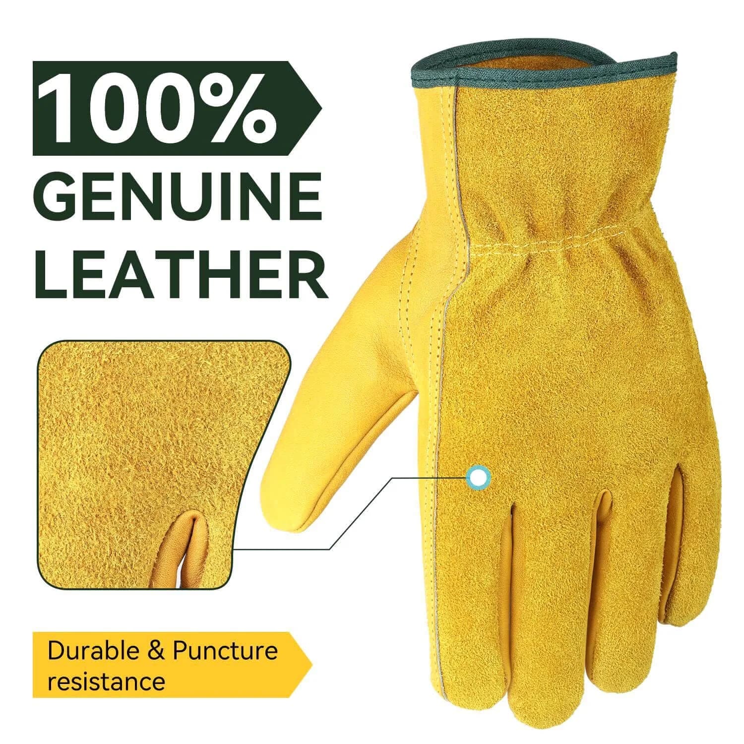 OZERO Genuine Leather Work Gloves, 5 Pairs, Large | EN388 Certified Tough for Gardening & Yard Work - view 8