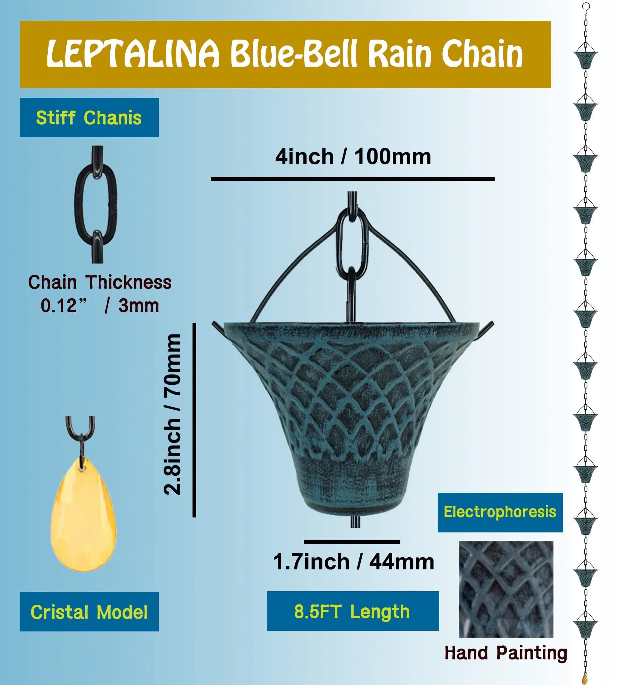 LEPTALINA 8.5FT Bell Iron Rain Chain with Adapter, Blue | 2.56m (102.4in) Decorative Cascade - view 3