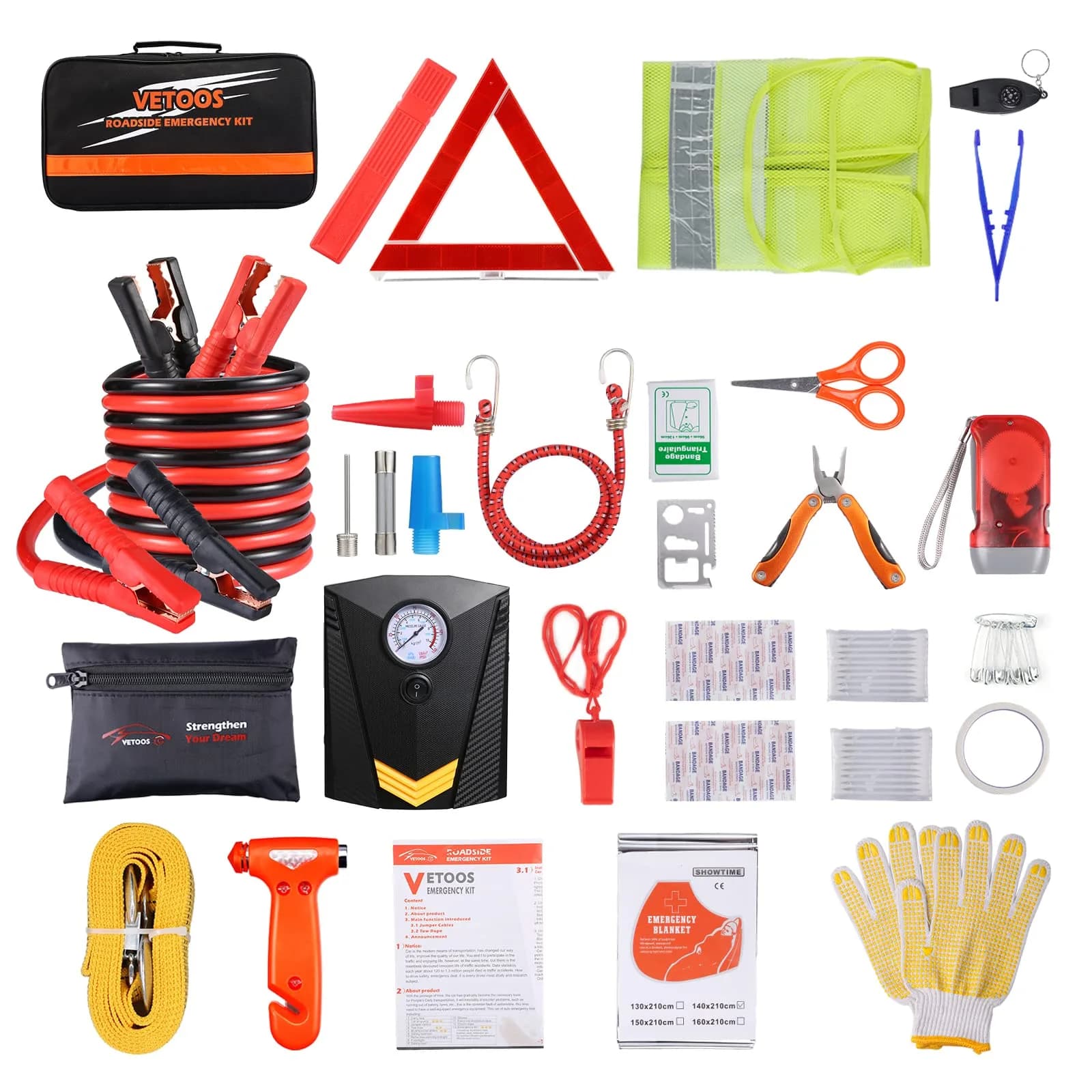 Vetoos Car Emergency Roadside Kit with Jumper Cables | Portable Air Compressor & Safety Tools