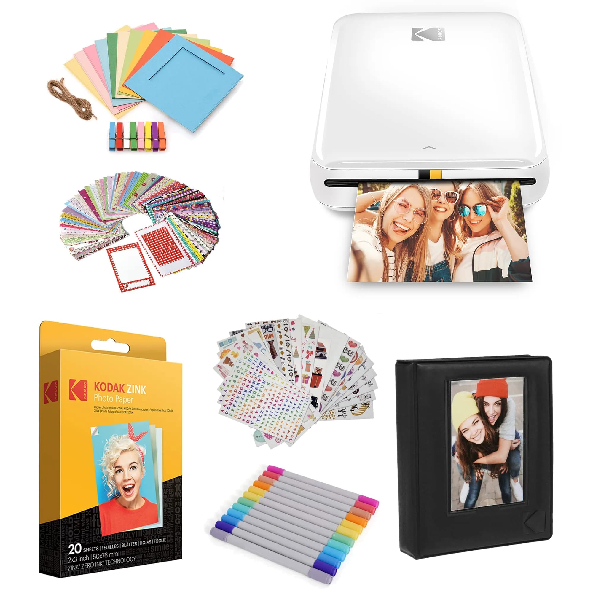 KODAK Step Instant Photo Printer, White | Bluetooth Wireless Mini Color Mobile Printer for iOS & Android, Zink 2x3” Sticky-Back Photos — White / Starter Bundle