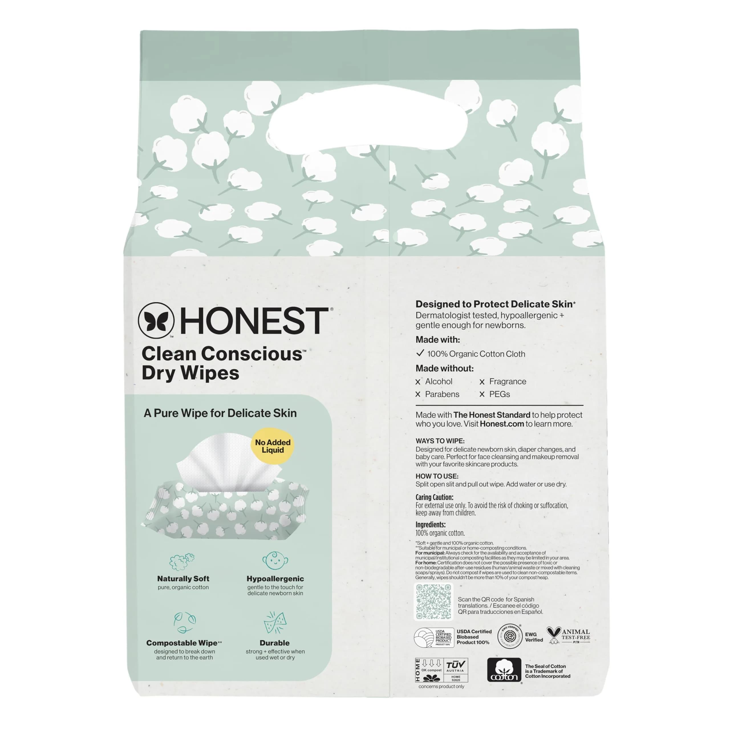 The Honest Company Organic Cotton Dry Wipes 192 Count | Hypoallergenic & Fragrance-Free for Sensitive Skin - view 9