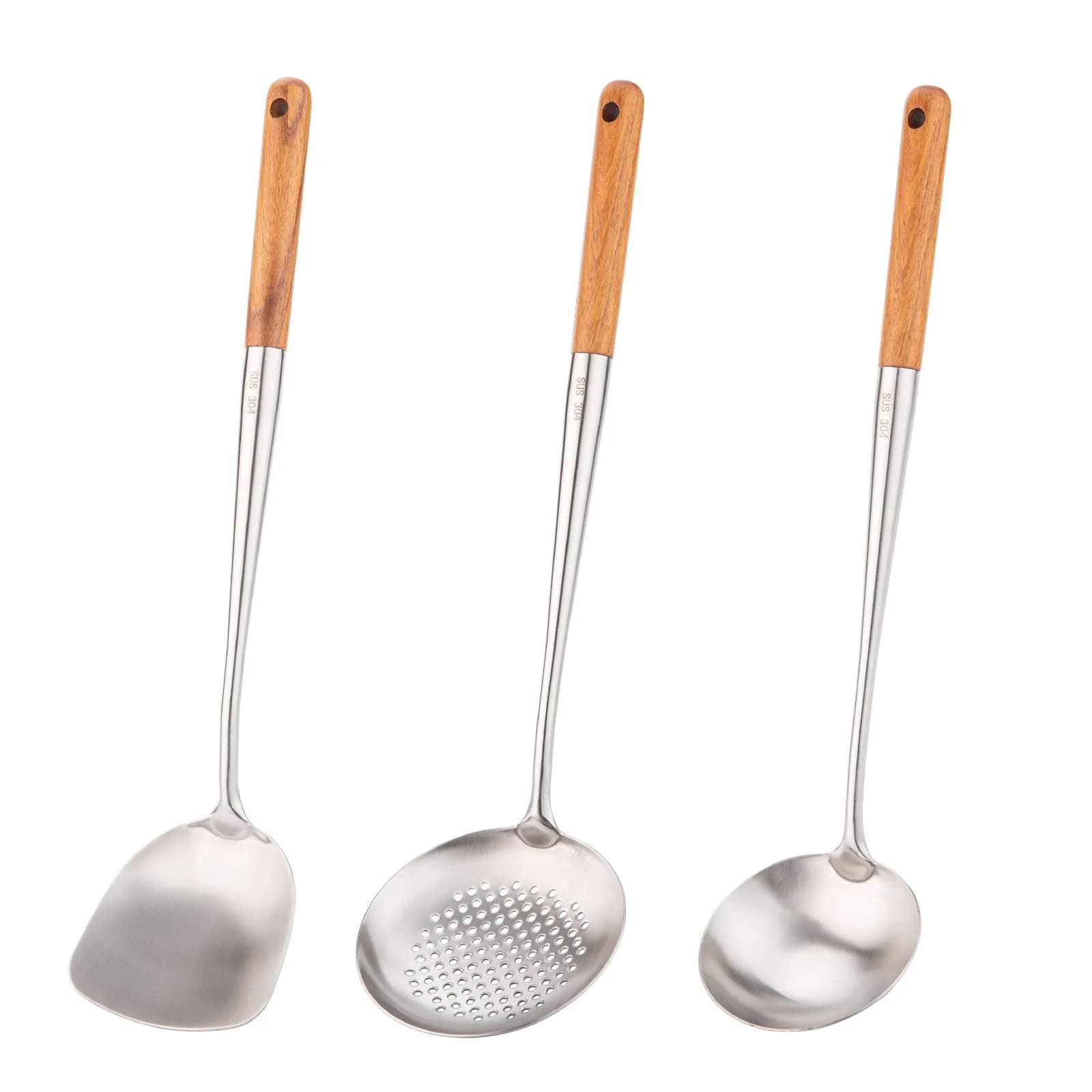 FJNATINH Wok Spatula and Ladle Set | 17in Stainless Steel Cooking Utensils for Wok