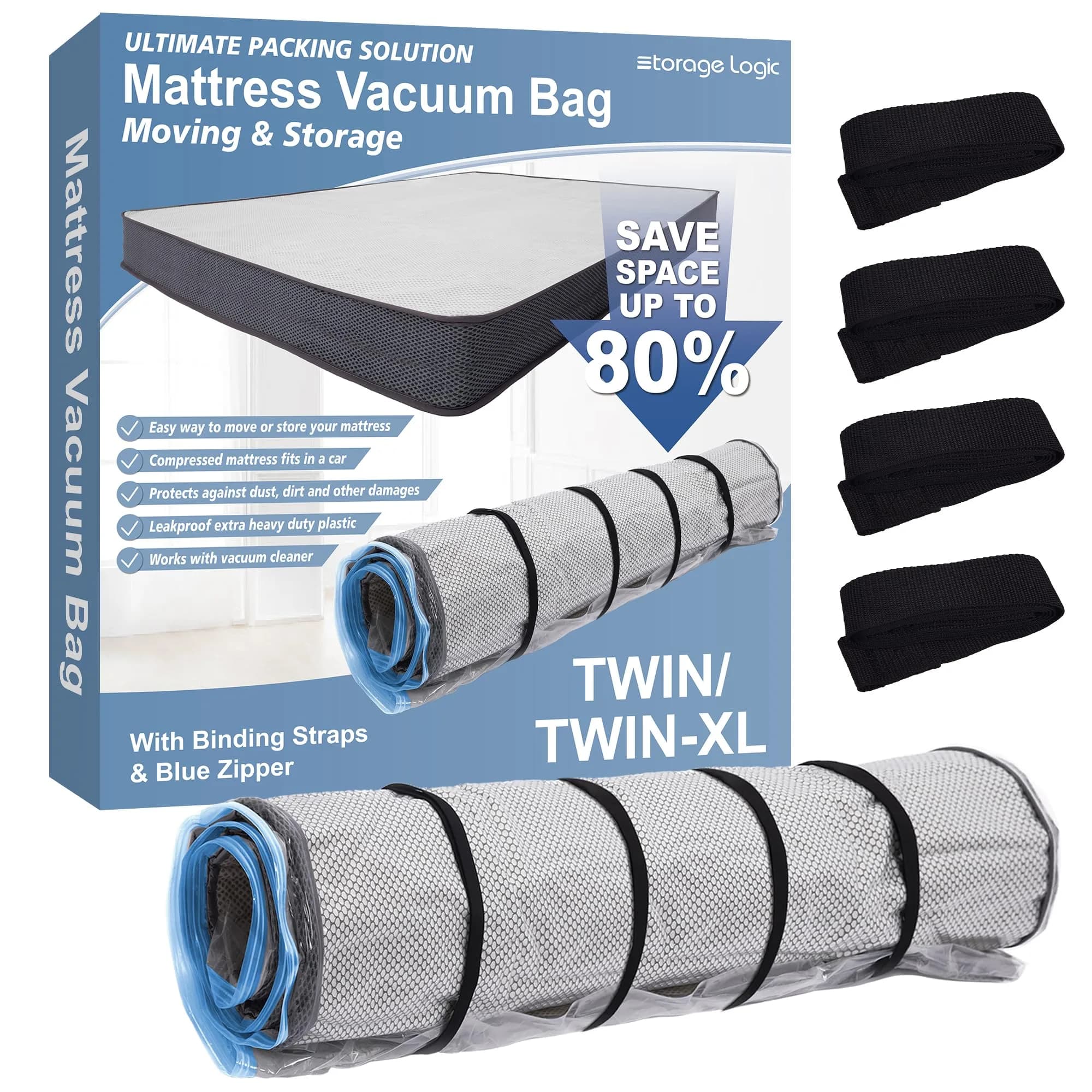 Storage Logic Mattress Vacuum Bag for Twin/Twin-XL Foam Mattresses | Compresses for Easy Moving & Storage — Twin/Twin-XL BlueZip