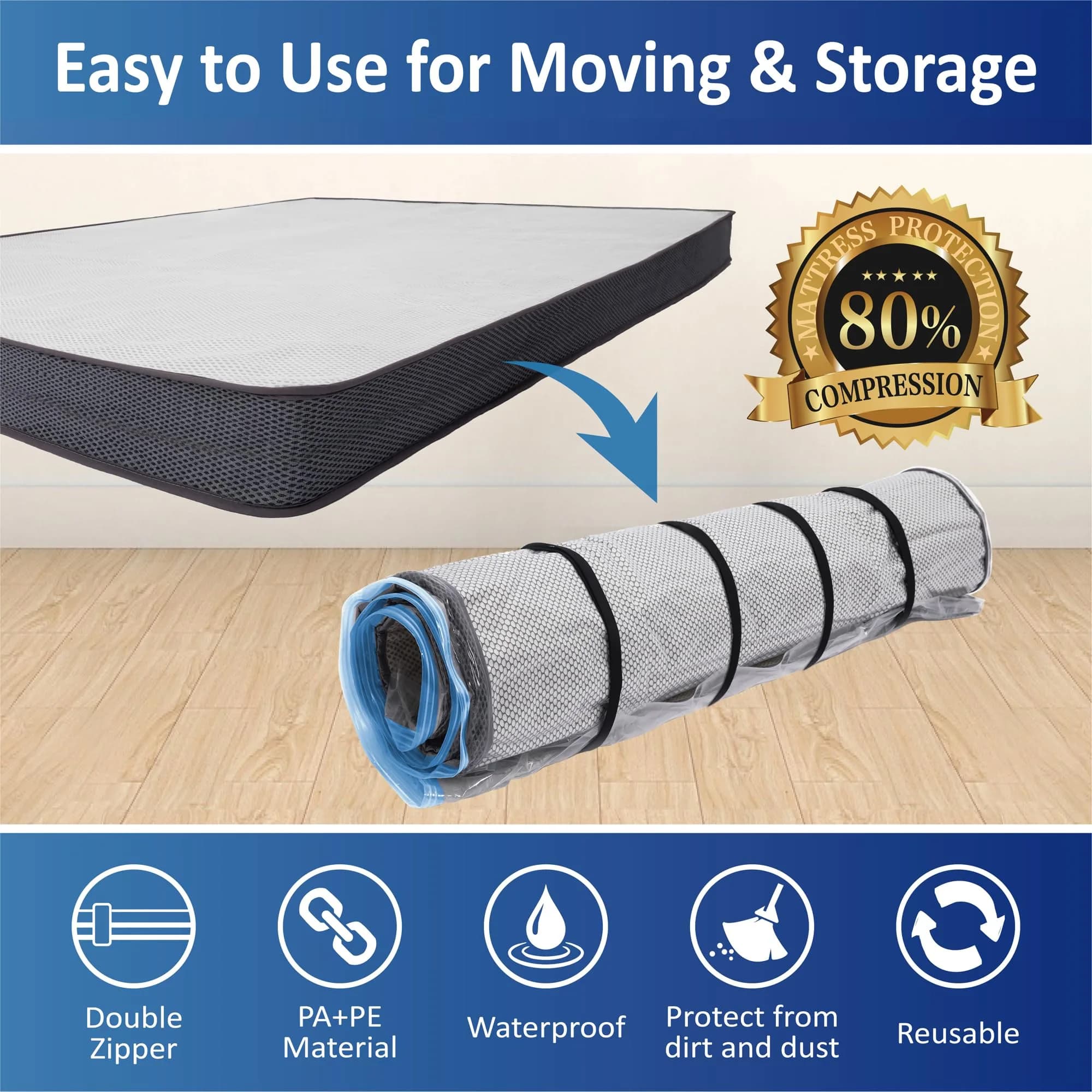 Storage Logic Mattress Vacuum Bag Queen/Full/Full-XL with Blue Zipper & Straps | Compresses Mattress for Moving & Storage - view 2