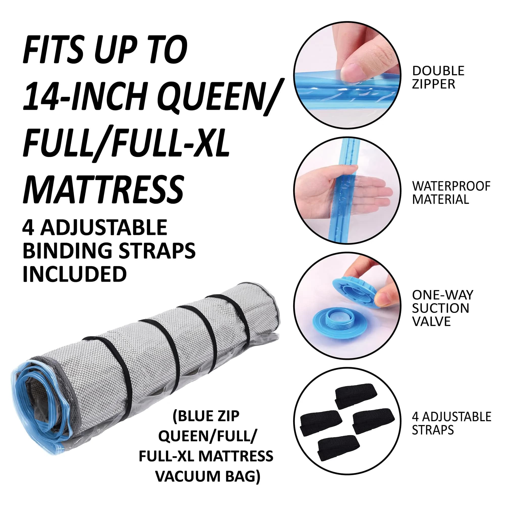 Storage Logic Mattress Vacuum Bag Queen/Full/Full-XL with Blue Zipper & Straps | Compresses Mattress for Moving & Storage - view 3