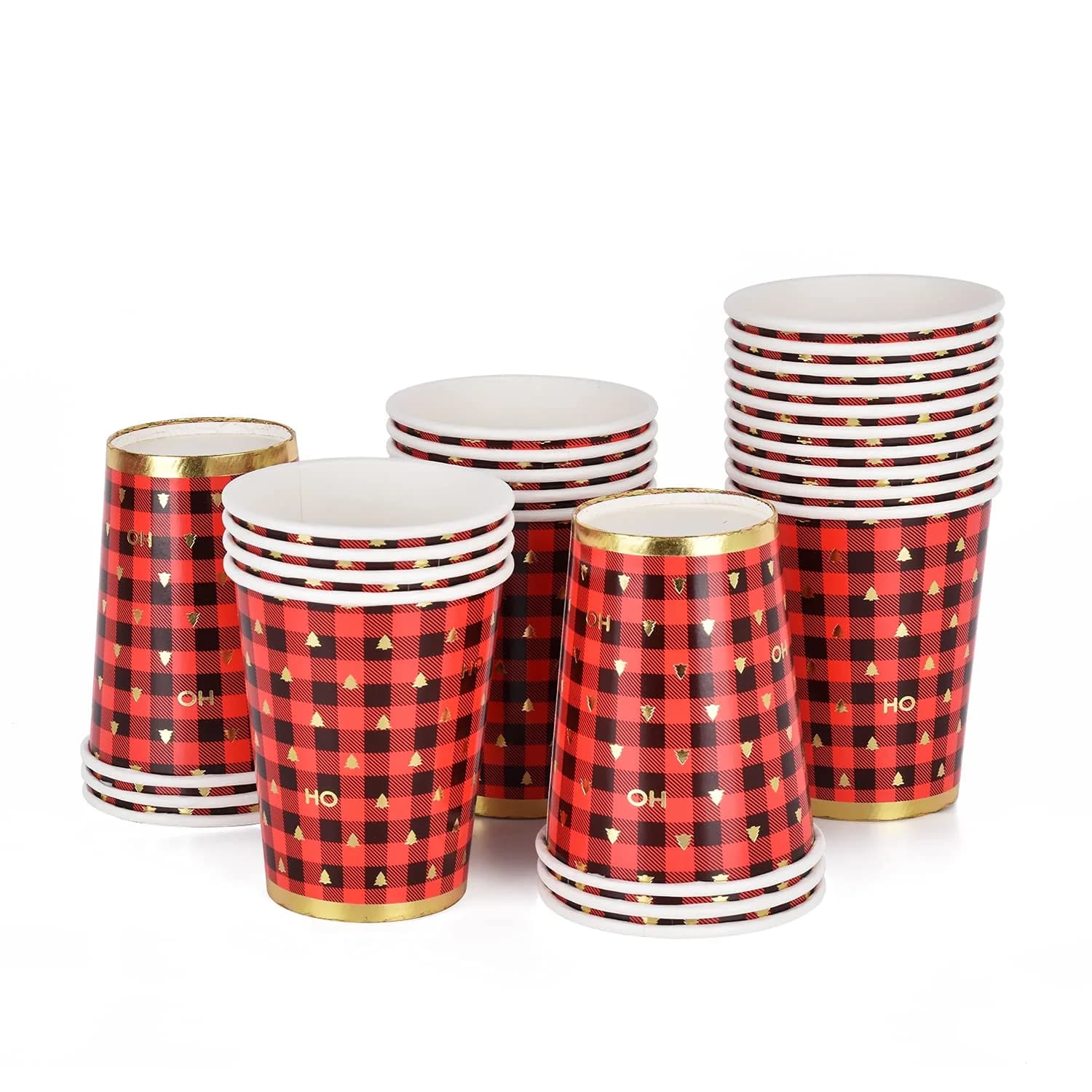 Gatherfun Christmas Plaid Paper Cups 237ml (8 OZ) | Red Black Gold Design — Red