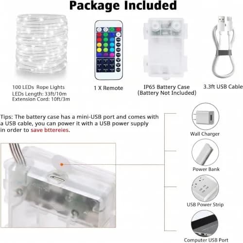 OMIKA 33ft 100 LED Rope Lights | 16 Color Changing, 132 Modes, Battery & USB Powered thumbnail 5
