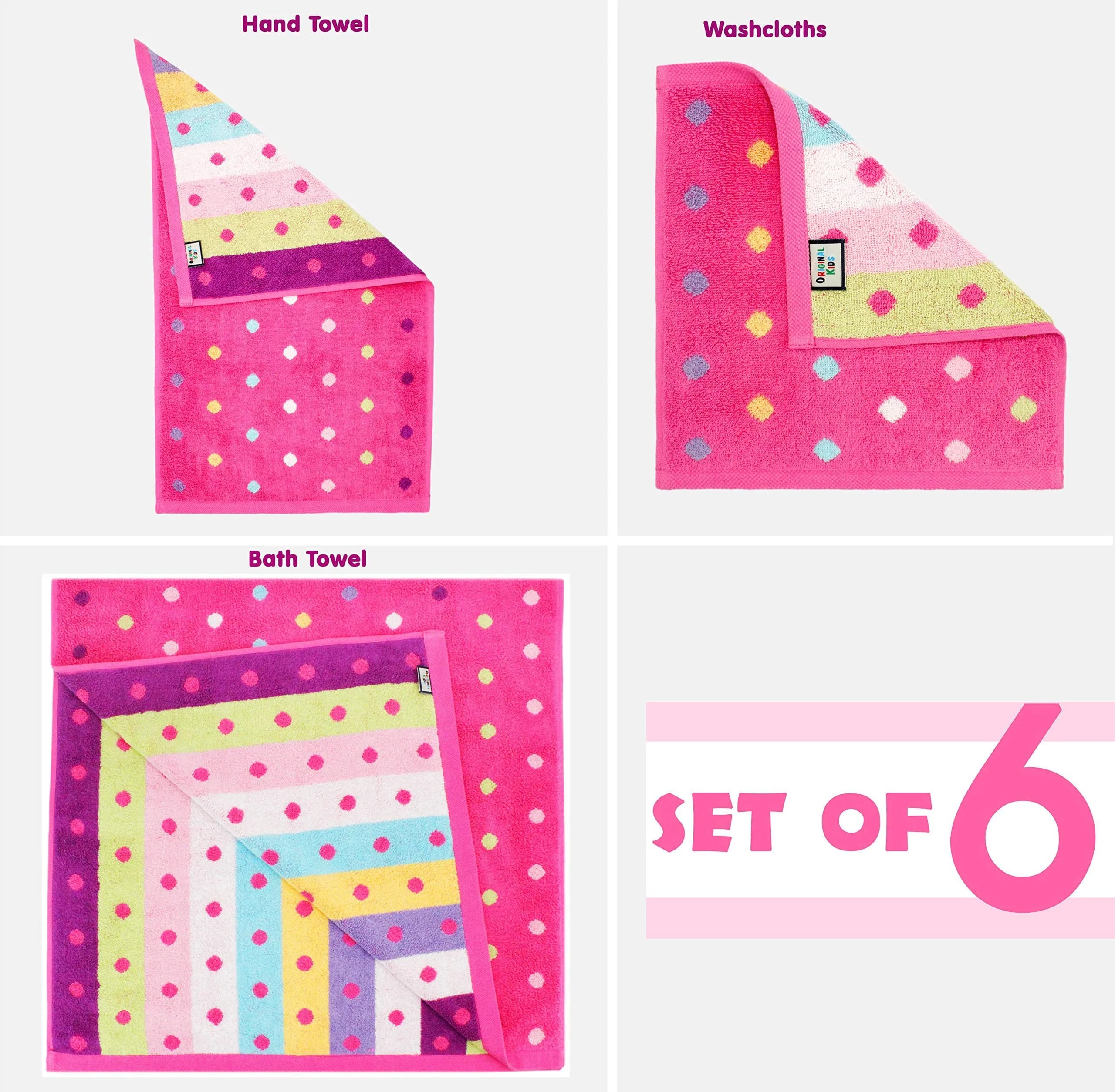 ORIGINAL KIDS 6 Piece Towel Set - Pink Multi Color | 2 Bath, 2 Hand, 2 Wash Cloths | 100% Cotton - view 5