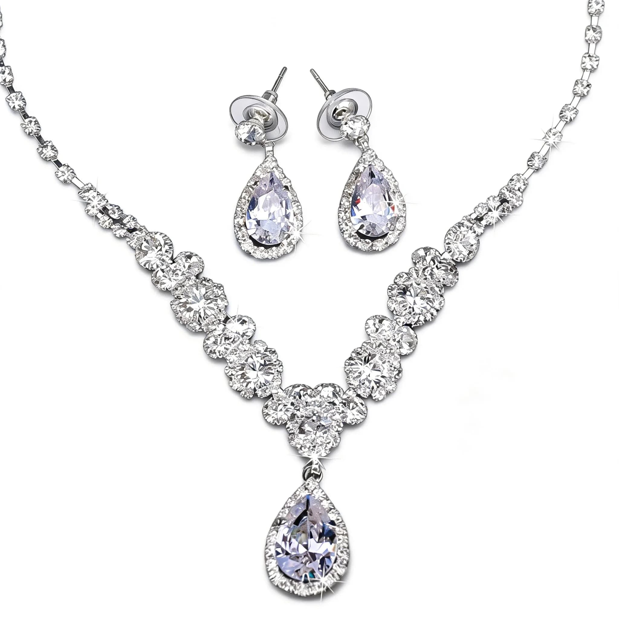 COCIDE Bride Jewelry Set Silver Crystal Wedding Necklace Earrings Bridal Rhinestone Teardrop Pendant Accessories (3 Piece Set, 45cm)