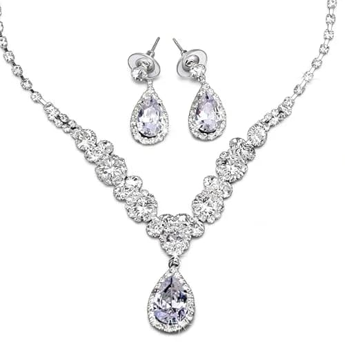 COCIDE Bride Jewelry Set Silver Crystal Wedding Necklace Earrings Bridal Rhinestone Teardrop Pendant Accessories (3 Piece Set, 45cm) thumbnail 1