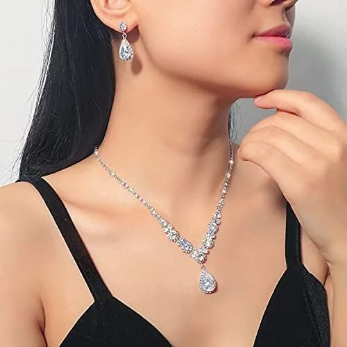 COCIDE Bride Jewelry Set Silver Crystal Wedding Necklace Earrings Bridal Rhinestone Teardrop Pendant Accessories (3 Piece Set, 45cm) thumbnail 4