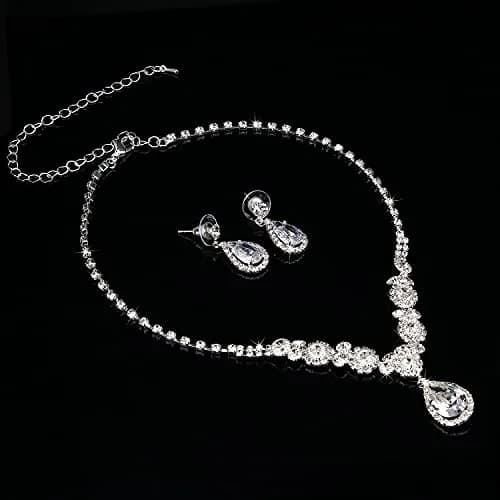 COCIDE Bride Jewelry Set Silver Crystal Wedding Necklace Earrings Bridal Rhinestone Teardrop Pendant Accessories (3 Piece Set, 45cm) thumbnail 5