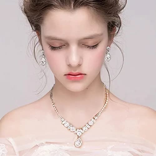 COCIDE Bride Jewelry Set Silver Crystal Wedding Necklace Earrings Bridal Rhinestone Teardrop Pendant Accessories (3 Piece Set, 45cm) thumbnail 7