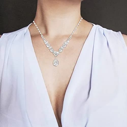 COCIDE Bride Jewelry Set Silver Crystal Wedding Necklace Earrings Bridal Rhinestone Teardrop Pendant Accessories (3 Piece Set, 45cm) thumbnail 8