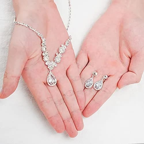 COCIDE Bride Jewelry Set Silver Crystal Wedding Necklace Earrings Bridal Rhinestone Teardrop Pendant Accessories (3 Piece Set, 45cm) thumbnail 2