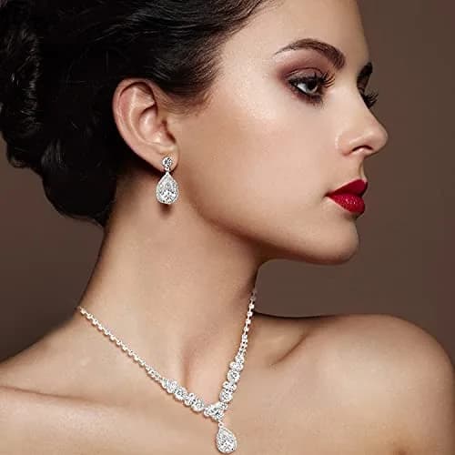 COCIDE Bride Jewelry Set Silver Crystal Wedding Necklace Earrings Bridal Rhinestone Teardrop Pendant Accessories (3 Piece Set, 45cm) thumbnail 3
