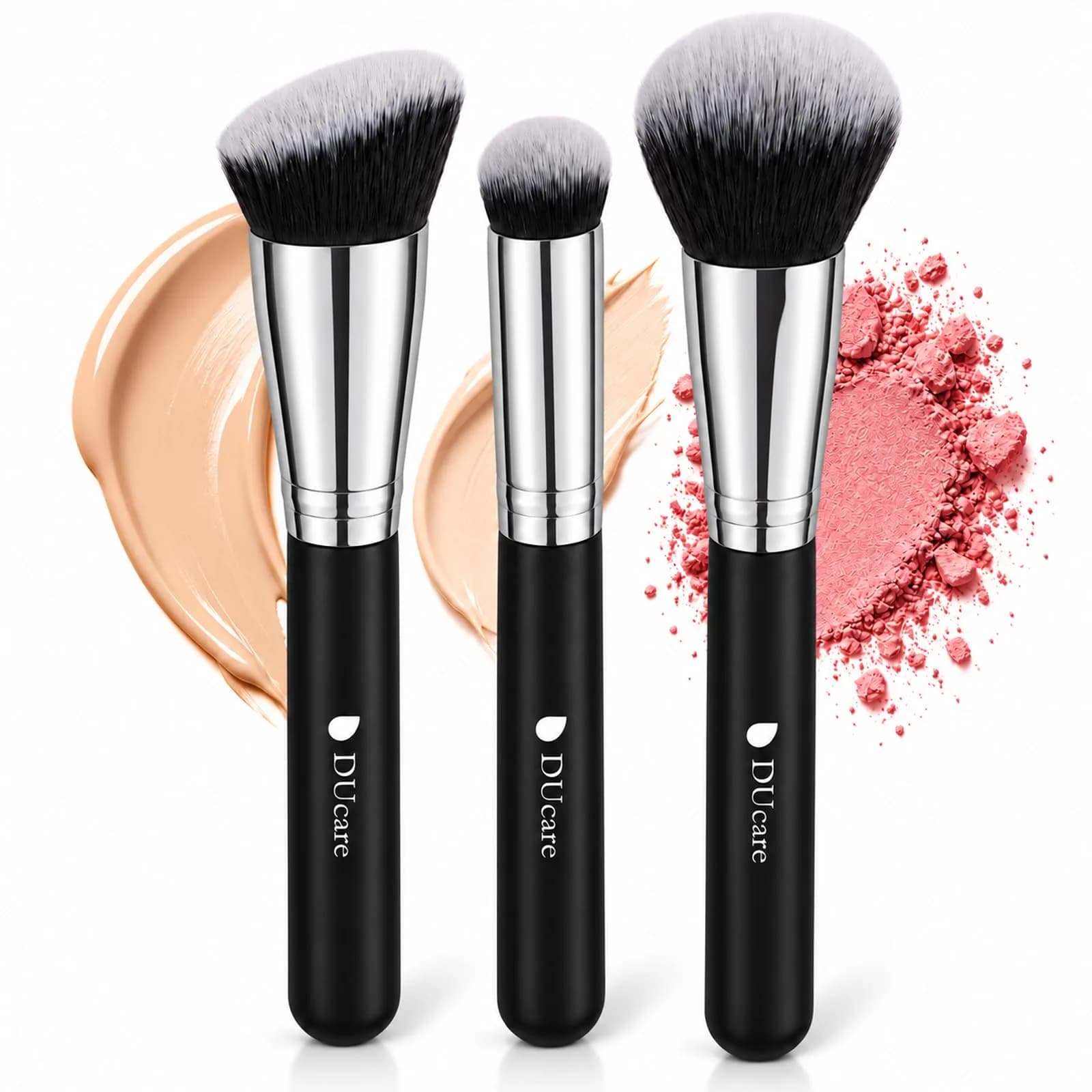 DUcare 3 Pcs Foundation Contour Blush Conceal Brush Set | Synthetic Kabuki Brushes for Liquid, Cream & Powder (Black) — black