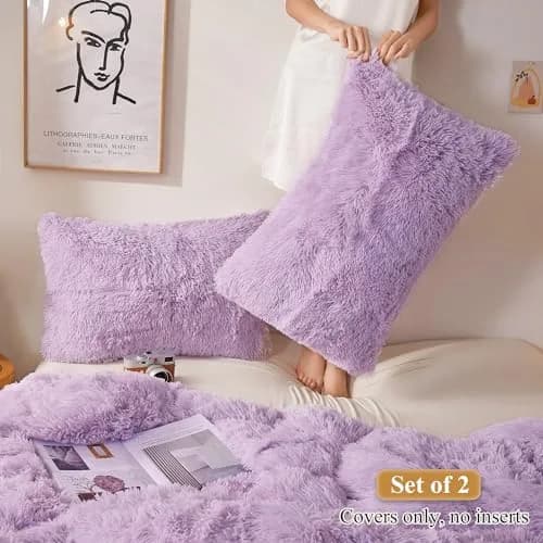 XeGe Fluffy Faux Fur Pillow Cases, Set of 2 Standard Orchid Tint, 51x66cm (20"x26") | Luxurious Soft Plush Decorative Covers thumbnail 2
