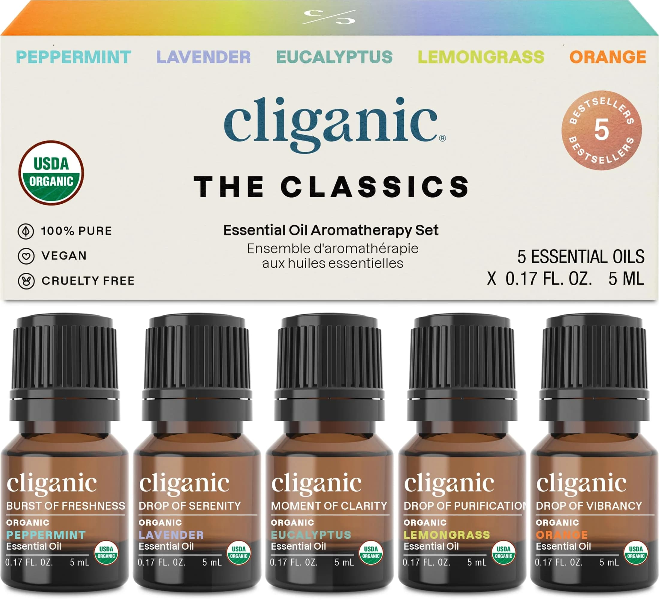 Cliganic Organic Essential Oils Set for Home Diffuser, 0.17 Fl Oz | USDA Certified, 100% Pure, Top 5