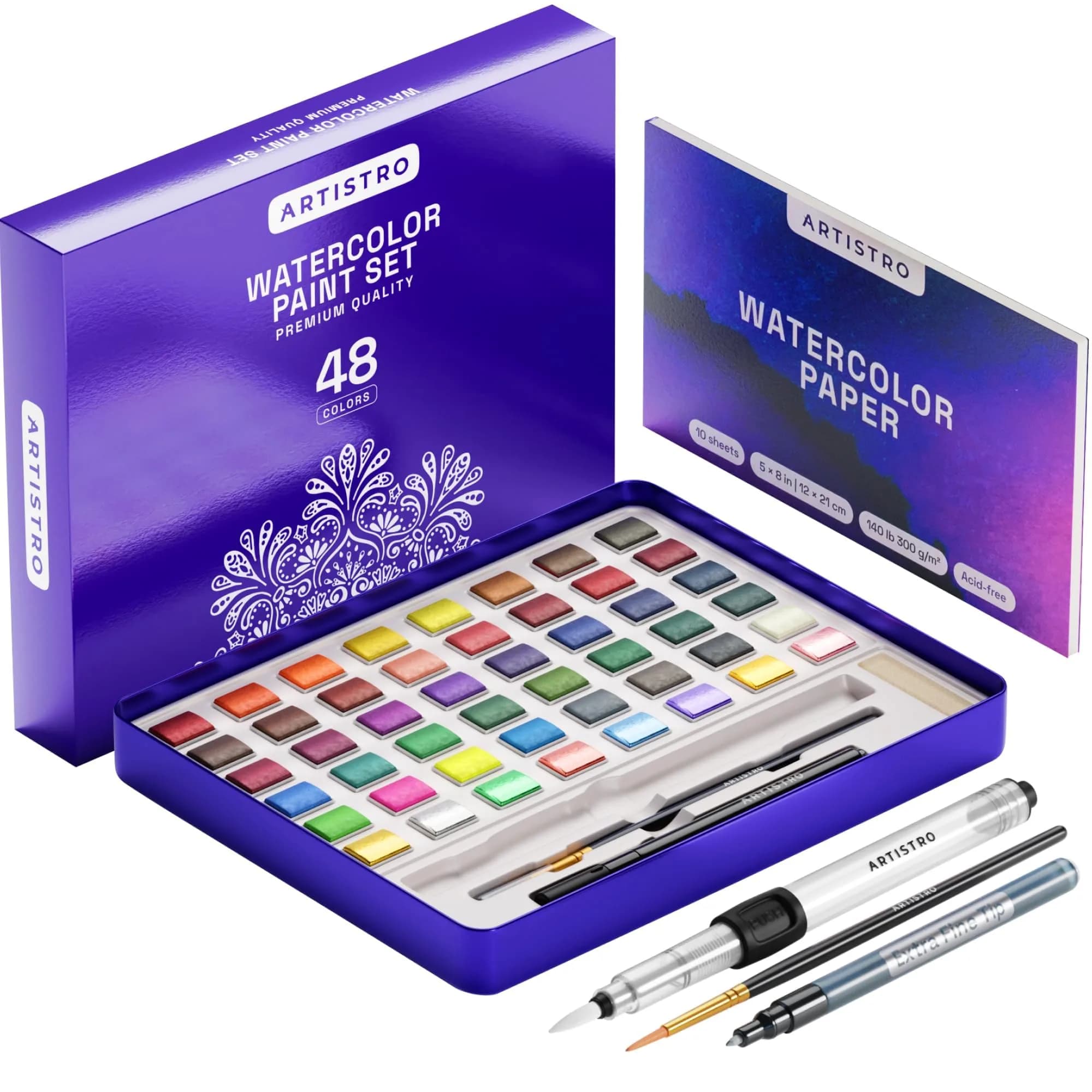 ARTISTRO Watercolor Paint Set with Palette & Brush Pens - 48 Colors | High-Quality Artist Watercolors for Adults & Kids — 48 colors Full Size